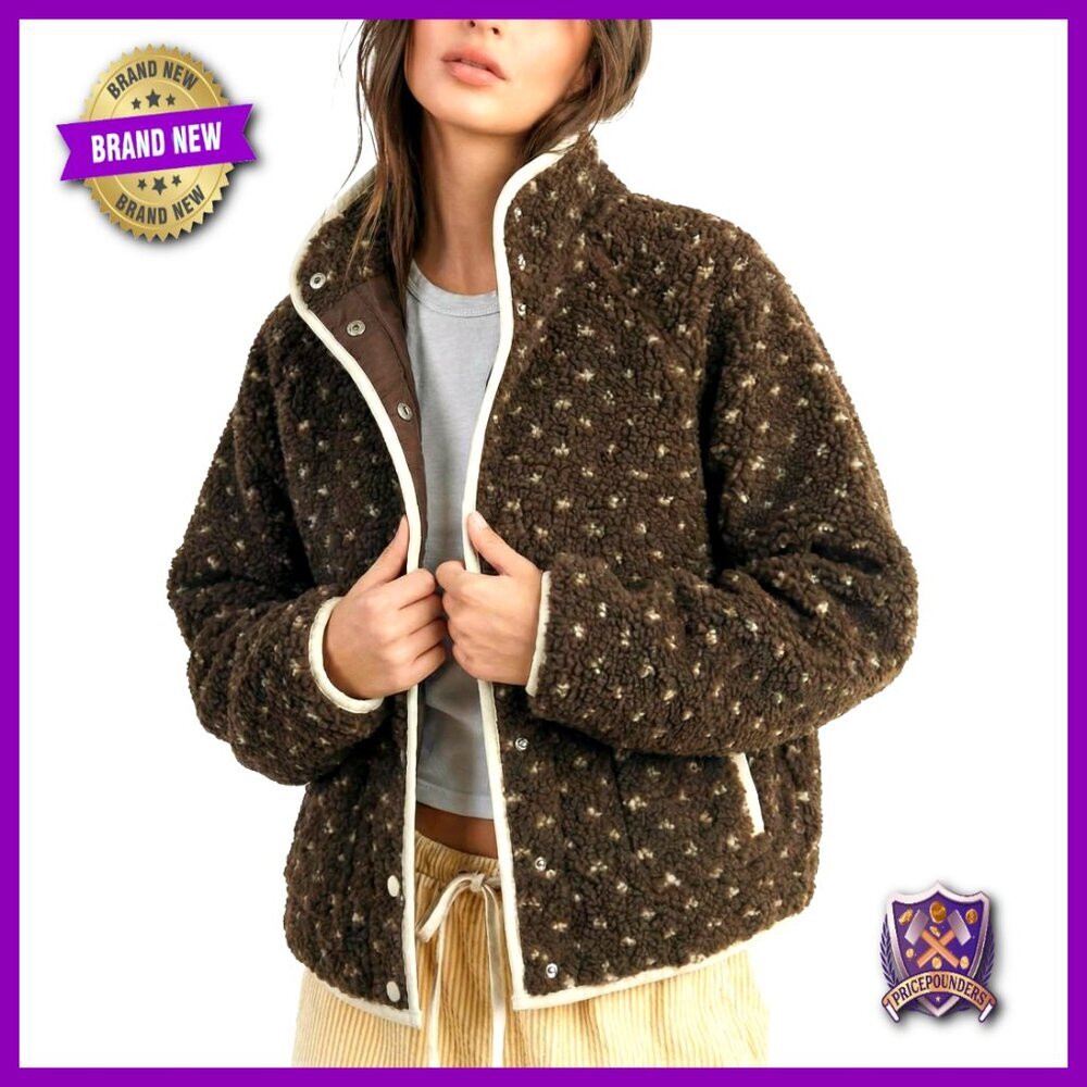 Slouchy Fleece Puffer Jacket Women's Long Sleeve Button Down High Neck